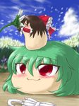  black_hair blush closed_eyes eyes_closed female flower green_hair hakurei_reimu happy kazami_yuuka sky smelling touhou umbrella yukkuri_reimu yukkuri_shiteitte_ne yukkuri_yuuka 