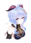  1girl ahoge artist_name bare_shoulders black_dress blue_dress blue_hair breasts dated detached_sleeves dress ganyu_(genshin_impact) ganyu_(twilight_blossom)_(genshin_impact) genshin_impact gradient_clothes gradient_dress hainseiv hair_ornament highres horns long_hair looking_at_viewer medium_breasts official_alternate_costume official_alternate_hairstyle purple_eyes see-through_cleavage see-through_clothes sidelocks solo upper_body white_background 