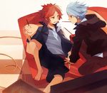  barefoot food hinata_(hinata123) inazuma_eleven inazuma_eleven_(series) lying multiple_boys nagumo_haruya pocky red_hair short_hair suzuno_fuusuke white_hair 