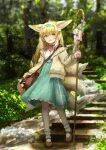  1girl absurdres animal_ears arknights blonde_hair blue_eyes blurry blurry_background blush bow chinese_commentary commentary_request dress flower forest fox_ears fox_tail frills full_body hair_ornament hair_ribbon highres holding holding_staff long_hair looking_at_viewer mary_janes nature open_mouth outdoors partial_commentary pink_flower pink_rose puffy_sleeves ressec ribbon rose shirt shoes short_hair short_sleeves skirt smile solo staff stairs stream suzuran_(arknights) suzuran_(spring_praise)_(arknights) tail water white_flower white_rose 