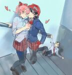  1boy 2girls bar_(place) baseball_cap beanie black_hair black_pants black_pantyhose blonde_hair blue_jacket brown_shoes checkered_clothes checkered_skirt enpera fallen_down gina_(undead_unluck) gloves green_eyes hair_ribbon hat highres izumo_fuuko jacket long_hair multiple_girls necktie own_hands_together pants pantyhose pink_hair red_eyes red_gloves red_necktie red_ribbon red_skirt ribbon school_uniform shirt shoes short_hair skirt stairs standing stick undead_unluck wenxiang233333 white_shirt yellow_eyes 