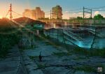  abandoned animal black_cat blue_sky building cat cloud commentary_request dilapidated fence flood hammerhead_shark highres light_rays moss no_humans original outdoors overgrown post-apocalypse power_lines ruins scenery sky sunrise tokyo_(city) tokyogenso utility_pole water waterfall 