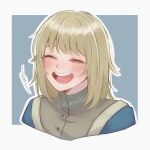  1girl blonde_hair blush closed_eyes commentary cropped_shoulders dungeon_meshi english_commentary falin_touden falin_touden_(tallman) grey_shirt happy highres kuraedo open_mouth shirt short_hair smile solo swept_bangs teeth upper_teeth_only 
