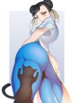  1girl absurdres akobeul animal ass black_cat black_hair blue_background blue_pants blue_theme blush breasts brown_eyes cat china_dress chinese_clothes chun-li climbing closed_mouth double_bun dress earrings eyeshadow from_behind gold_trim gradient_background hair_bun highres jewelry lips looking_back makeup medium_breasts pants shiny_clothes short_sleeves simple_background skin_tight street_fighter street_fighter_6 yoga_pants 
