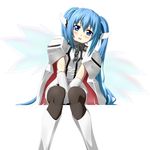  blue_eyes blue_hair boots chain chokotto collar gloves highres long_hair nymph_(sora_no_otoshimono) open_mouth sitting solo sora_no_otoshimono thighhighs twintails wings 