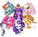 applejack_(mlp) calm clothing cowboy_hat crown earth_pony equid equine female feral fluttershy_(mlp) friendship_is_magic group hair_strands hasbro hat headgear headwear hi_res horn horse jewelry mammal mediasmile666 my_little_pony mythological_creature mythological_equine mythology necklace pegasus pinkie_pie_(mlp) pony rainbow_dash_(mlp) rarity_(mlp) simple_background smile twilight_sparkle_(mlp) unicorn winged_unicorn wings