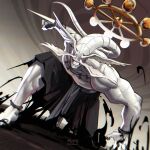  1other barefoot black_pants colored_skin commentary english_commentary four_eyes grin highres jujutsu_kaisen mahoraga_(jujutsu_kaisen) monster muscular_other on_one_knee pants pepedraws smile torn_clothes torn_pants wheel wheel_of_dharma white_skin white_theme wings_as_eyes wrist_blades 