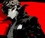  1boy amamiya_ren breast_pocket coat commentary english_commentary from_side high_collar highres joker_(persona_5) male_focus mystical_high_collar nika_dudi open_clothes open_coat parted_bangs parted_lips persona persona_5 pocket profile shirt short_hair sideways_glance smile soejima_shigenori_(style) spot_color wavy_hair 