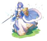  1girl bare_shoulders blue_cloak blue_dress blue_eyes blue_hair cloak commentary_request commission cosplay dress falchion_(fire_emblem) female_morgan_(fire_emblem) fire_emblem fire_emblem_awakening fire_emblem_cipher full_body fur-trimmed_cloak fur_trim glowing grass highres holding holding_shield holding_sword holding_weapon layered_dress lucina_(fire_emblem) lucina_(fire_emblem)_(cosplay) lucina_(hope-ruling_queen)_(fire_emblem) mytea_(soso) open_mouth shield short_hair simple_background skeb_commission sleeveless sleeveless_dress smile solo sword tiara weapon white_background white_dress 