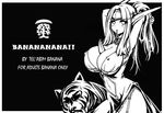  armpits banana between_breasts blush breasts cleavage covered_nipples dress elf engrish food food_between_breasts fruit greyscale huge_breasts jewelry monochrome mouth_hold nefarian pointy_ears ranguage solo tiara tiger tyrande_whisperwind warcraft world_of_warcraft 