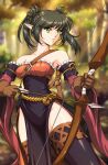  1girl arrow_(projectile) bare_shoulders black_hair black_thighhighs blurry blurry_background bob_cut bow_(weapon) breasts brown_gloves closed_mouth commentary detached_sleeves dress elf english_commentary floating_hair forest gloves green_eyes highres holding holding_arrow holding_bow_(weapon) holding_weapon medium_breasts nature outdoors pointy_ears quiver ridiel_(unicorn_overlord) short_hair sirknightbot solo thighhighs twintails unicorn_overlord upper_body weapon 