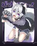  1girl absurdres ahoge androgynous animal_ears animal_hands border collar commentary_request dog_ears dog_tail fangs flower_(vocaloid) gloves grey_border hair_between_eyes highres kemonomimi_mode multicolored_hair open_mouth paw_gloves reirou_(chokoonnpu) short_shorts shorts slit_pupils solo streaked_hair tail translation_request vocaloid 