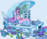  1girl ball cat denim denim_shorts game_boy_advance game_boy_advance_sp game_console goggles goggles_on_head handheld_game_console highres long_hair looking_at_viewer midriff najuco_(naju0517) object_request original pillow plant playstation_2 playstation_controller retrofuturism shorts simple_background sitting solo speaker strapless tennis_ball toy tube_top white_background white_cat y2k_fashion 