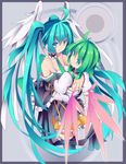  angel_wings aqua_eyes aqua_hair dress gradient_hair green_eyes green_hair gumi hatsune_miku highres hug long_hair mikan_(bananoha) multicolored_hair multiple_girls short_hair thighhighs twintails very_long_hair vocaloid wings zettai_ryouiki 