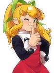  ;) bangs blonde_hair blush closed_mouth dress finger_to_mouth flat_chest from_side green_eyes hair_ribbon hand_on_hip high_ponytail index_finger_raised light_smile long_hair long_sleeves looking_at_viewer one_eye_closed ponytail ribbon rockman roll sagamimok sidelocks simple_background smile solo turtleneck upper_body white_background 