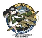  >_o 1girl aircraft airplane baseball_bat black_hair blue_shoes brown_shirt chibi collared_shirt commentary english_commentary goggles goggles_on_head highres holding jacket letterman_jacket long_hair long_sleeves one_eye_closed open_clothes open_jacket open_mouth original p-38_lightning personification shirt shoes skirt socks white_skirt white_socks yorktown_cv-5 