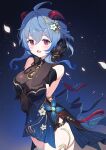  1girl ahoge bare_shoulders bell black_dress black_gloves blue_dress blue_hair breasts detached_sleeves dress ganyu_(genshin_impact) ganyu_(twilight_blossom)_(genshin_impact) genshin_impact gloves gradient_clothes gradient_dress hair_ornament highres horns kamuraaa_615 large_breasts long_hair looking_at_viewer neck_bell official_alternate_costume official_alternate_hairstyle petals purple_eyes see-through_cleavage see-through_clothes sideless_dress smile solo triangle_mouth 
