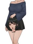  1girl absurdres bad_id bad_pixiv_id black_hair black_skirt breasts cleavage dark_skin highres holding holding_mask large_breasts mask shirt short_hair skirt unworn_mask 