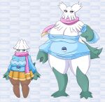  abomasnow absurd_res anthro big_breasts black_eyes bottomwear breasts brown_body clothing duo female generation_4_pokemon green_eyes hi_res nintendo pokeball pokemon pokemon_(species) scarf skirt snover sweater tail topwear urusee584 white_body 