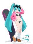  1girl aqua_eyes aqua_hair bikini bikini_under_clothes black_bikini boots breasts brown_boots character_name commentary cropped_jacket eyewear_on_head full_body hand_on_own_hip hatsune_miku highres jacket long_hair monster_l_(hochihochiha) navel open_clothes open_jacket pink_jacket snow snowboard snowman socks solo standing sunglasses swimsuit vocaloid white_socks winter 