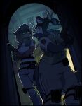 2025 2_horns absurd_res anthro archway armor belt body_armor bottomwear canid canine canis capcom circle_eyebrows clothed clothed_anthro clothed_female clothing detailed_background digital_media_(artwork) domestic_dog duo ear_fins electricity eyebrows female female_anthro fin fingerless_gloves fingers fur gloves gun hair handgun handwear hat head_horn headgear headwear hi_res holding_gun holding_handgun holding_object holding_ranged_weapon holding_weapon holloway_(f8zzy) horn knee_pads lightning mammal pants police police_uniform ranged_weapon resident_evil shirt stairs tail titanogoro topwear uniform wall_(structure) weapon white_sclera window