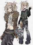  1boy :3 ahoge alternate_costume animal_print bag bead_necklace beads belt black_belt black_gloves black_nails brown_hair brown_jacket choker clothes_writing commentary cowboy_shot crop_top cross cross_necklace denim downturned_eyes ear_piercing facial_mark fingerless_gloves full_body fur-trimmed_jacket fur_trim gloves grey_eyes hair_between_eyes heart-shaped_bag highres holding holding_bag jacket jeans jewelry kanae_(nijisanji) leopard_print long_hair mole mole_under_eye multicolored_hair multiple_rings multiple_views navel navel_piercing necklace nijisanji open_mouth pants piercing pigeon-toed ponytail pubic_tattoo punk raccoon_tail ring shirt side_ponytail simple_background smile sp1nosaur spiked_choker spikes star_(symbol) star_facial_mark streaked_hair studded_belt symbol-only_commentary tail tattoo torn_clothes torn_jeans torn_pants virtual_youtuber waving white_background white_shirt 