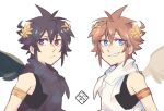 2boys ahoge angel_wings artist_logo black_hair black_scarf blue_eyes brown_hair commentary dark_pit english_commentary eri_(erikiri) highres kid_icarus kid_icarus_uprising laurel_crown logo looking_at_viewer male_focus multiple_boys pit_(kid_icarus) red_eyes scarf siblings twins upper_body white_scarf wings 