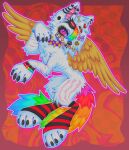 2025 alternative_fashion ambiguous_gender beaded_jewelry beads blood bodily_fluids canid canine canis checkered checkered_background clothing domestic_dog feral full-length_portrait fur hi_res jewelry kandi_(jewelry) leg_warmers legwear m1ss1ngtexture mammal multicolored_body multicolored_fur multicolored_tail nosebleed pattern_background portrait rainbow_body rainbow_fur rainbow_tail scene_(fashion) simple_background solo sparklefur tail white_body white_fur wings yellow_wings