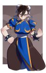  absurdres araara_01 blush bracelet breasts brown_eyes brown_hair chun-li contrapposto hand_on_own_hip highres jewelry large_breasts pantyhose spiked_bracelet spikes street_fighter thick_thighs thighs 