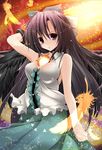  adapted_costume arm_cannon black_hair black_wings bow dress feathers green_bow hair_bow kiki_(koikuchikinako) long_hair purple_eyes reiuji_utsuho sleeveless solo third_eye touhou weapon wings 