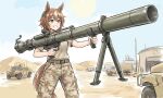  1girl animal_ears belt brown_eyes brown_hair brown_shirt camouflage camouflage_pants character_request commentary_request desert desert_camouflage ear_ribbon feet_out_of_frame finger_on_trigger green_belt grin hair_between_eyes holding holding_rocket_launcher holding_weapon horse_ears horse_girl horse_tail humvee kisaragi_shokuin m40_recoilless_rifle military_fatigues military_truck military_uniform military_vehicle motor_vehicle pants rocket_launcher shirt short_hair short_sleeves smile solo tail truck umamusume weapon 