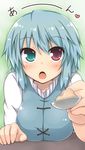  aqua_eyes aqua_hair feeding heterochromia lockheart open_mouth pov_across_table pov_feeding red_eyes short_hair solo spoon tatara_kogasa touhou 