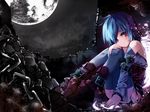  black_legwear blue_eyes blue_hair detached_sleeves full_moon heterochromia highres moon original rain red_eyes sho_(runatic_moon) short_hair solo tears thighhighs 