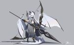  1girl 2025 absurdres arrow_(projectile) black_horns black_scales bow_(weapon) commentary_request dated dragon_claw dragon_girl dragon_horns dragon_tail dragon_wings flat_chest grey_background grey_cloak highres holding holding_bow_(weapon) holding_polearm holding_weapon horns huge_weapon hushou896792 lance long_hair looking_at_viewer original polearm quiver red_eyes shadow simple_background solo standing stomach tail weapon white_hair white_wings wings 
