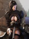  1girl 2b_(nier:automata) 2b_(nier:automata)_(cosplay) billyhhyb black_hair blindfold breasts cleavage cleavage_cutout clothing_cutout cosplay feather-trimmed_sleeves final_fantasy final_fantasy_vii gloves highres juliet_sleeves katana large_breasts lips long_hair long_sleeves nier:automata nier_(series) pod_(nier:automata) puffy_sleeves sitting solo sword thighhighs tifa_lockhart very_long_hair weapon 