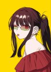  1girl ;p bare_shoulders black_hair chihara_mai commentary_request earrings from_side gradient-tinted_eyewear highres jewelry jirai_nan_desu_ka?_chihara-san long_hair looking_at_viewer off-shoulder_shirt off_shoulder one_eye_closed red_eyes red_shirt ryon_(ryonhei) shirt sidelocks simple_background solo sunglasses tinted_eyewear tongue tongue_out upper_body yellow_background 