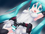  armpits arms_up green_eyes green_hair hatsune_miku hatsune_miku_(append) highres long_hair open_mouth orebelt panties solo striped striped_panties thighhighs twintails underwear very_long_hair vocaloid vocaloid_append 