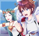  1boy 1girl angel angel_wings arisie bare_shoulders blue_eyes blue_sky chain circlet clenched_hand closed_eyes commentary_request gold_chain green_hair kid_icarus laurel_crown lowres open_mouth palutena pit_(kid_icarus) scarf sky smile sparkle sweatdrop upper_body v-shaped_eyebrows white_scarf wings 