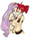  ahoge blue_eyes cherry drill_hair eye_contact food fruit headphones headset kasane_teto lingerie long_hair looking_at_another megurine_luka mouth_hold no_panties pink_hair poorly_drawn red_eyes red_hair underwear utau very_long_hair vocaloid yuri 