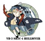  1girl aircraft airplane black_hat black_jacket blonde_hair chibi commentary english_commentary goggles goggles_on_head hat highres jacket long_hair long_sleeves open_clothes open_jacket original personification red_wings sb2c_helldiver shirt shoes shorts smile socks twintails vest white_socks wings yorktown_cv-5 