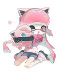  1girl 1n0chi ;d animal_ear_hairband animal_ears artist_name black_shoes black_sleeves blue_shorts commentary crossover fake_animal_ears full_body hairband highres holding holding_pokemon hood hood_down hoodie hug inkling inkling_girl inkling_player_character invisible_chair jigglypuff layered_sleeves long_hair long_sleeves mole mole_under_mouth one_eye_closed open_mouth pink_eyes pink_hair pink_hairband pink_hoodie pointy_ears pokemon pokemon_(creature) shoes short_over_long_sleeves short_sleeves shorts simple_background sitting sleeves_past_wrists smile socks splatoon_(series) symbol-only_commentary tentacle_hair very_long_hair wariza white_background white_socks 