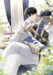  1boy absurdres black_eyes black_hair bloom blue_sash book brooch cake chair coat crossed_legs curtains desert donut elbow_rest epaulettes feet_out_of_frame flower food food_stand gloves gold_trim hand_on_own_chin head_rest head_tilt highres jewelry kim_dokja light_particles lily_(flower) looking_at_viewer male_focus official_alternate_costume omniscient_reader's_viewpoint open_book plant ricardo_von_kaizenix sash short_hair smile solo tanppopo9 white_coat white_gloves window 