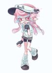  1girl 1n0chi artist_name bags_under_eyes black_gloves black_shorts blunt_bangs brown_shoes brown_skirt fangs fingerless_gloves full_body gloves hand_to_own_mouth hand_up hat highres inkling inkling_girl inkling_player_character long_hair looking_at_viewer loose_socks miniskirt open_mouth pink_eyes pink_hair pointy_ears ringed_eyes shirt shoes shorts shorts_under_skirt simple_background skirt smile socks solo splatoon_(series) standing standing_on_one_leg t-shirt tentacle_hair visor_cap white_background white_hat white_shirt white_socks 