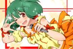  1girl ;d \m/ ahoge detached_sleeves dutch_angle eyelashes green_hair gudon_(iukhzl) macross macross_frontier microphone midriff_peek one_eye_closed open_mouth ranka_lee red_eyes seikan_hikou short_hair smile solo sparkle wind wind_lift 