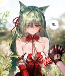  1boy 1girl absurdres animal_ears bandaged_arm bandages bare_shoulders black_gloves blurry blurry_background blush braid breasts chinese_commentary cleavage closed_mouth collarbone commentary_request detached_sleeves dress earrings gloves grey_eyes grey_hair hair_ribbon halter_dress halterneck heterochromia highres jewelry jin_sumire kemonomimi_mode low_twin_braids male_rover_(wuthering_waves) medium_breasts multicolored_hair nail_polish outdoors phrolova_(wuthering_waves) pov pov_hands red_dress red_eyes red_nails red_ribbon ribbon rover_(wuthering_waves) single_detached_sleeve smile streaked_hair tacet_mark_(wuthering_waves) translation_request twin_braids upper_body wuthering_waves 