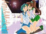  2girls bishoujo_senshi_sailor_moon blue_eyes blue_hair blush boots bow brown_hair choker circlet earrings earth elbow_gloves eye_contact flower gloves green_eyes hair_bobbles hair_bow hair_ornament hand_holding hand_on_shoulder heart incipient_kiss jewelry kino_makoto knee_boots kneeling legs long_hair looking_at_another mizuno_ami multiple_girls one_eye_closed open_mouth pleated_skirt ponytail ribbon ribbons rose sailor sailor_jupiter sailor_mercury sailor_suit shoes short_hair skirt smile space squat squatting star stars sweat tiara wavy_hair wink yuri 