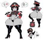  1girl absurdres armband ass bingbingzi black_hair black_hat black_nails black_shirt black_thighhighs black_thong bob_cut boots breasts buttons checkmark chibi closed_mouth commentary cropped_shirt double-breasted expressionless hand_on_own_hip hat hat_ornament high_heel_boots high_heels highres holding holding_riding_crop huge_ass jitome joints kicking knee_up latex latex_thigh_boots latex_thighhighs long_sleeves looking_back looking_to_the_side military_hat military_uniform motion_lines multiple_views narrow_waist navel original profile red_armband red_eyes red_hat red_wrist_cuffs riding_crop shirt short_hair shortstack skindentation skull skull_hat_ornament small_breasts speech_bubble symbol-only_commentary thick_thighs thigh_boots thighhighs thighs thong two-tone_hat wide_hips wrist_cuffs x_(symbol) 