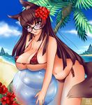  animal_ears bad_id bad_pixiv_id ball beach beachball bikini breast_rest breasts brown_eyes brown_hair carried_breast_rest chocolate_(gunneko) cleavage covered_nipples day flower glasses gunneko hair_ornament hibiscus large_breasts lips long_hair micro_bikini original solo swimsuit symbol-shaped_pupils tail underboob 