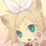  animal_ears bad_id bad_pixiv_id cat_ears cat_paws fang green_eyes hair_ornament hairclip juuya kagamine_rin paws solo vocaloid 