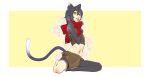  1girl animal_ears black_hair cat_ears cat_girl cat_tail commentary dungeon_meshi floral_background full_body highres izutsumi midriff navel orange_eyes pelvic_curtain portuguese_commentary red_scarf scarf seujao69 short_hair solo tail tongue tongue_out yellow_background 